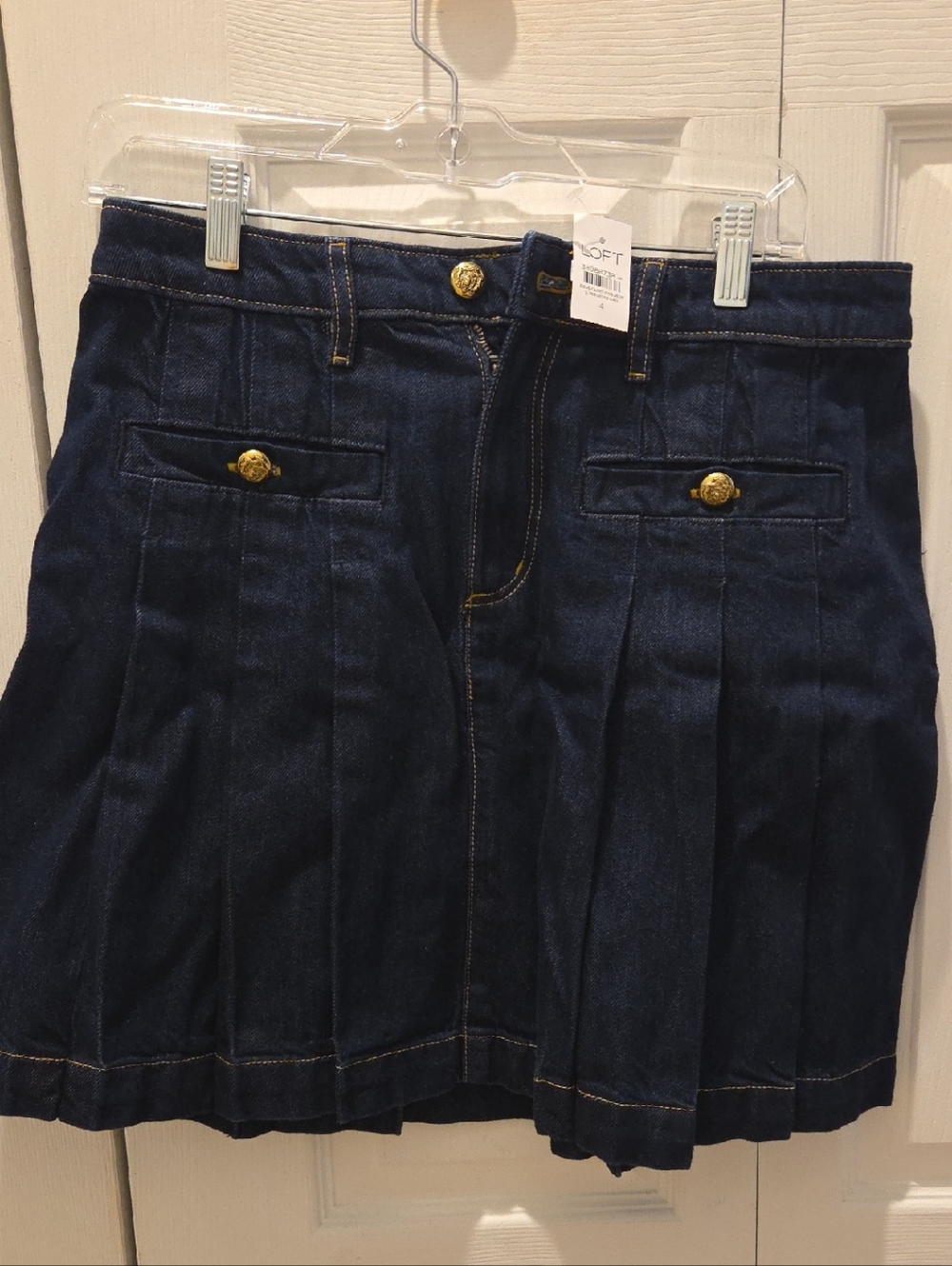 LOFT Indigo Denim Jean Pleated Skirt with Yellow Stitching NWT